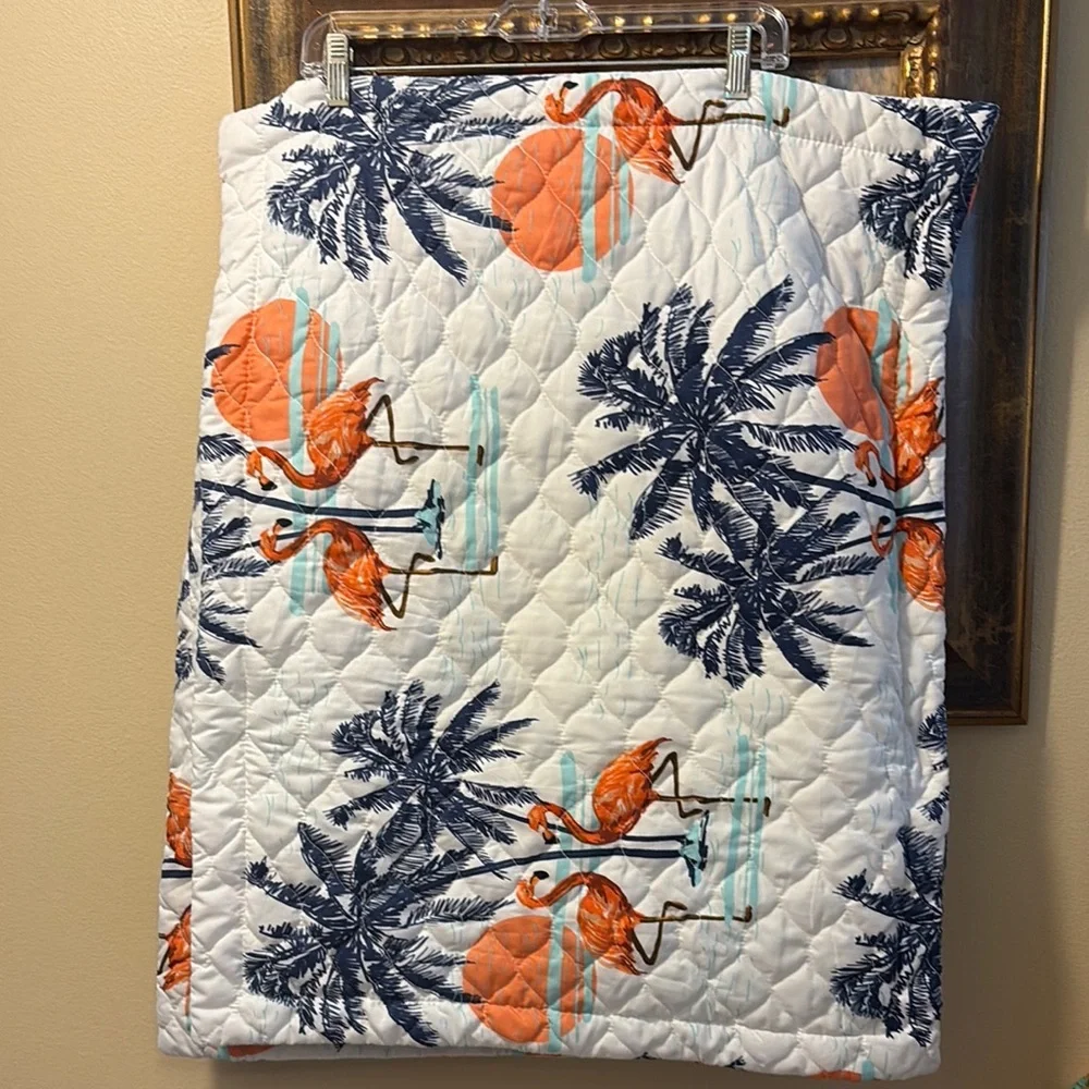 🦩🌴Spirit Linen 3-Pc Tropical Flamingos Palms Quilt & Two Sham Set